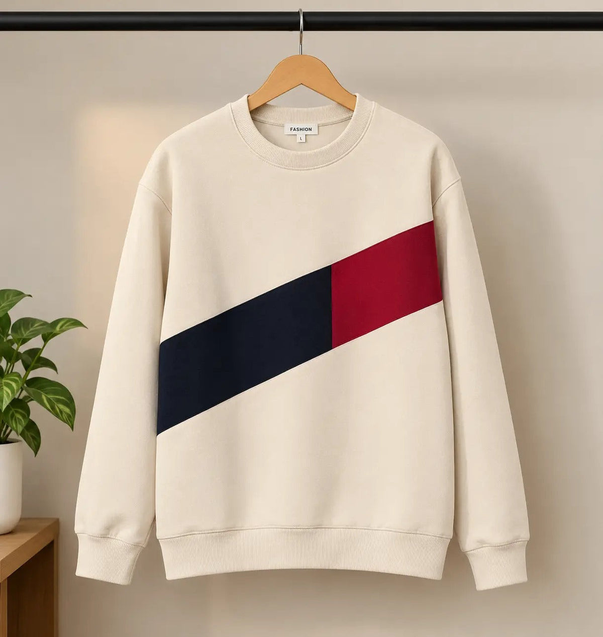 Men’s Cream & Navy Red Diagonal Color Block Sweatshirt