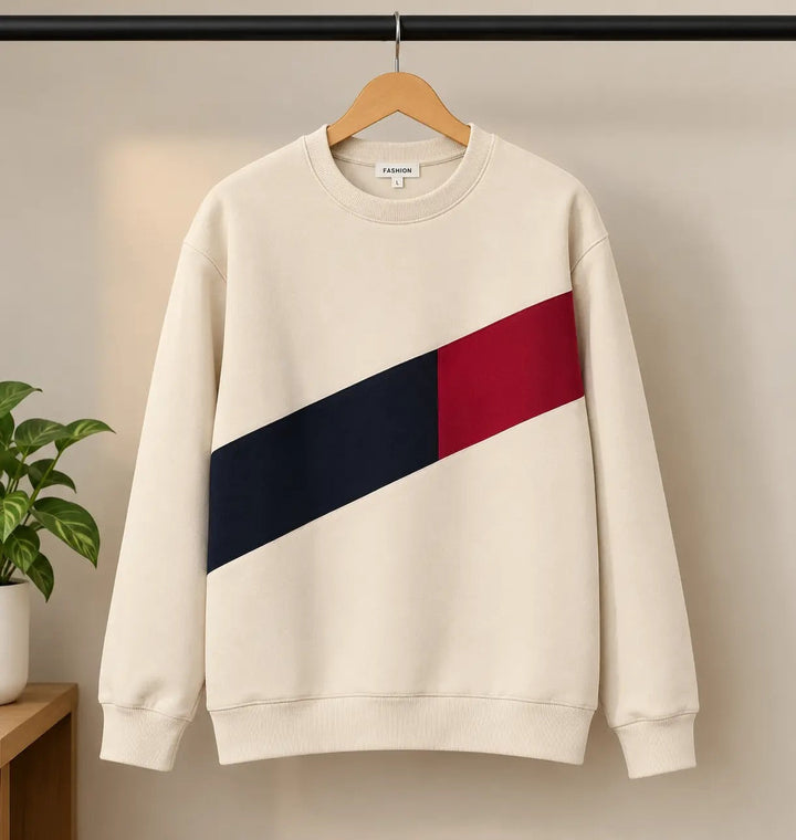 Men’s Cream & Navy Red Diagonal Color Block Sweatshirt