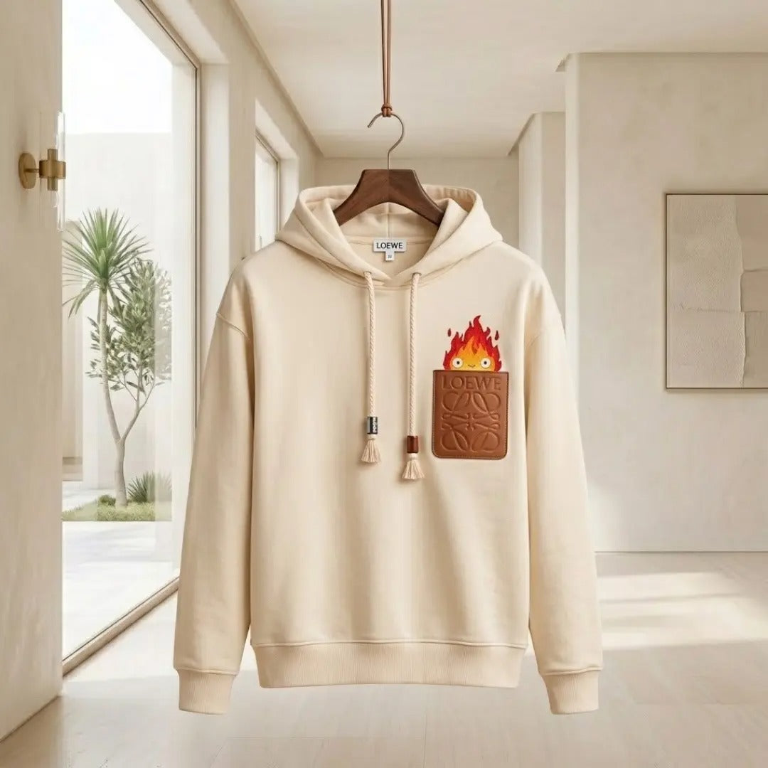 Calcifer Graphic Leather-Pocket Cream Hoodie