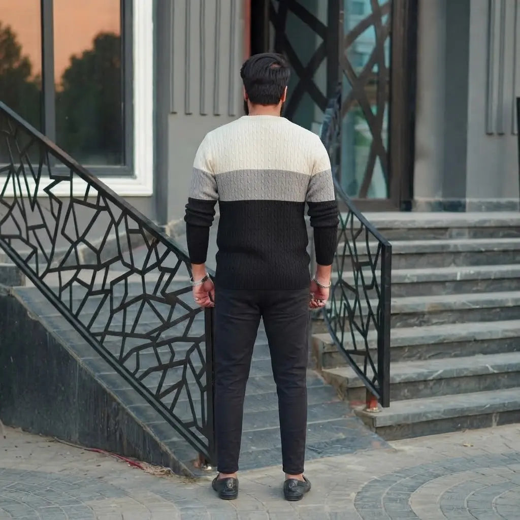 Men’s Tri-Color Cable-Knit Jumper