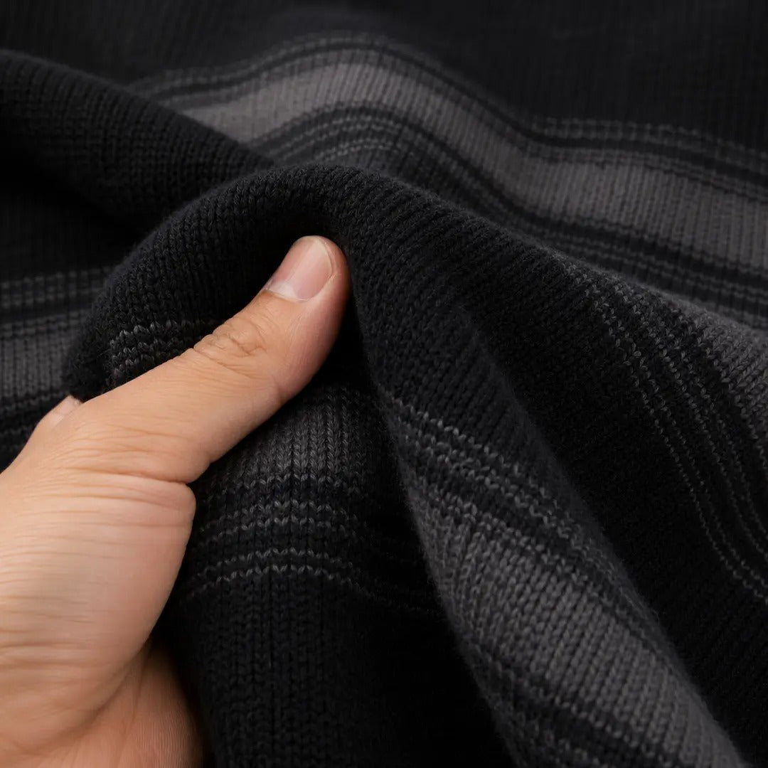 Men's Black and Gray Striped Crewneck Sweater