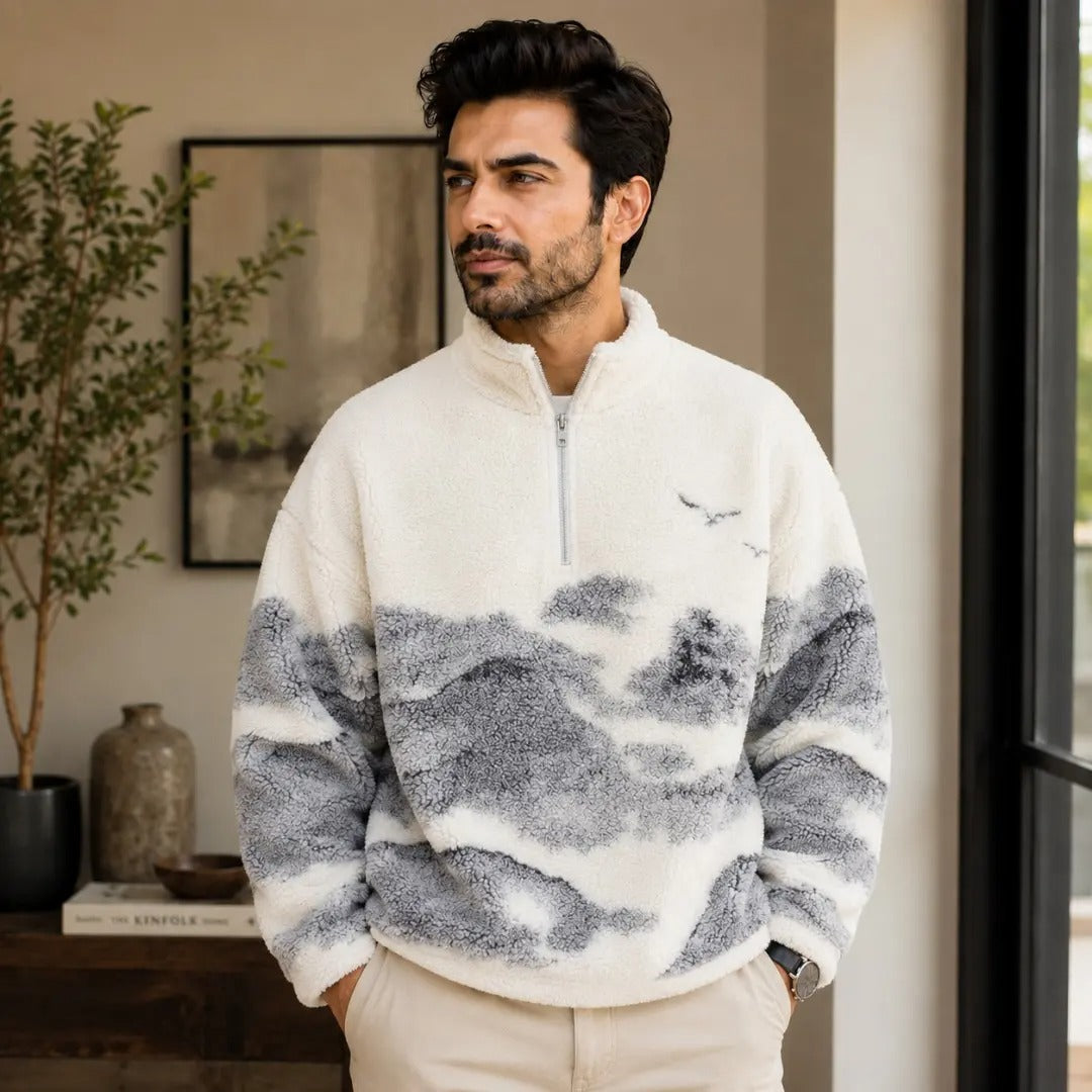 Mountain Landscape Sherpa Half-Zip Pullover