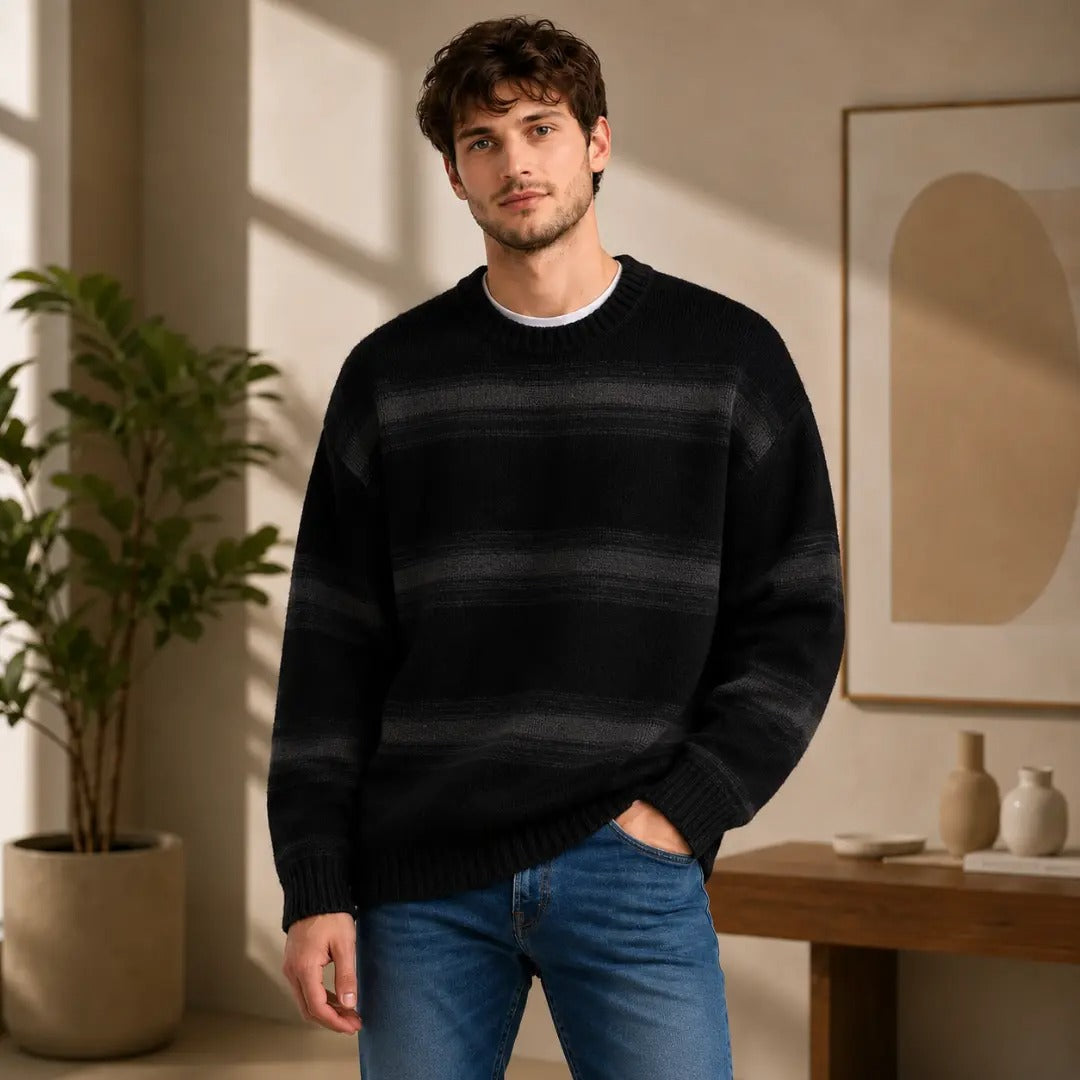 Men's Black and Gray Striped Crewneck Sweater