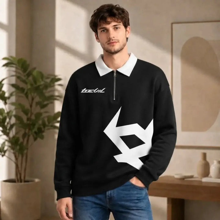 Men's Black and White Quarter-Zip Sweatshirt with Graphic
