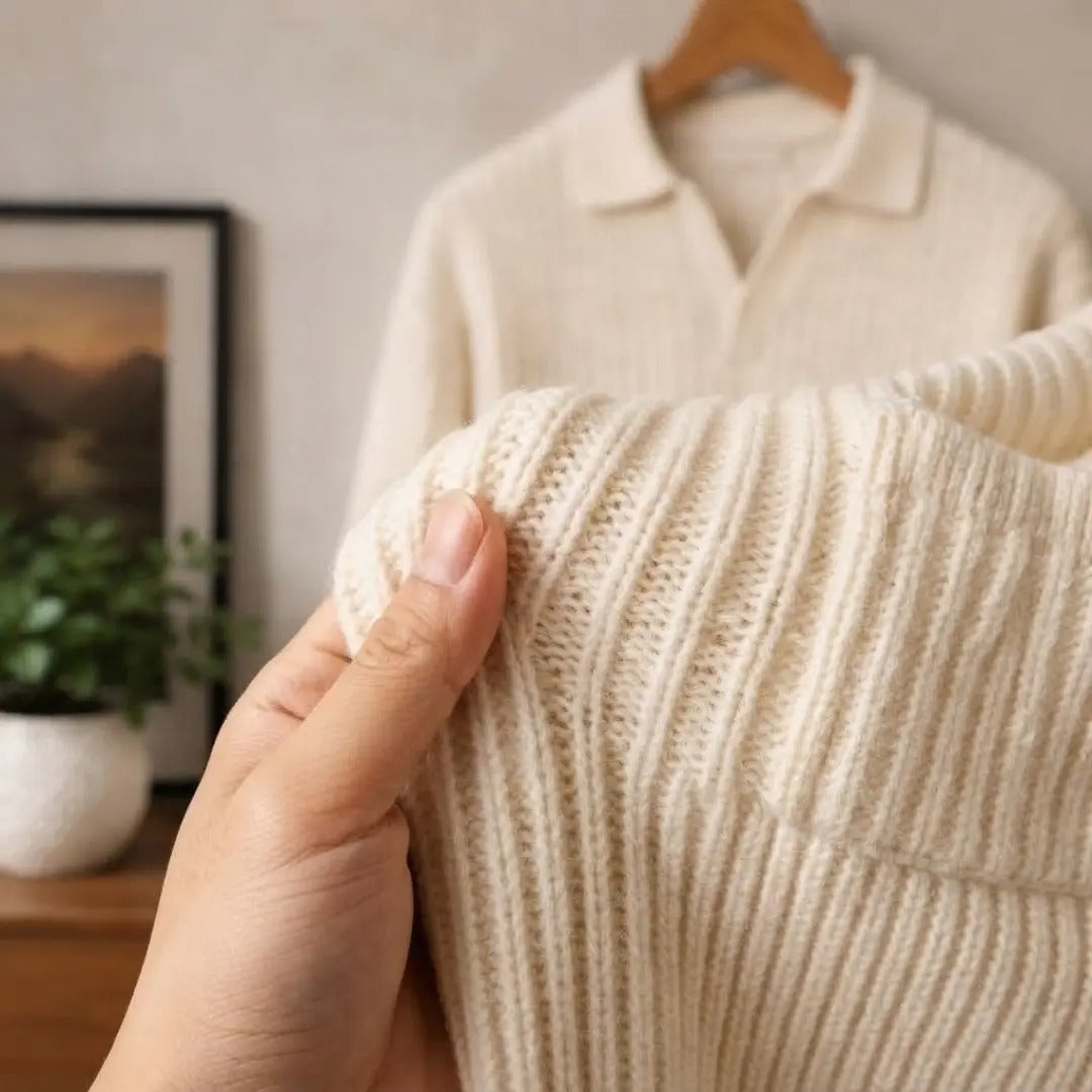 Men's Off-White Ribbed Polo Sweater