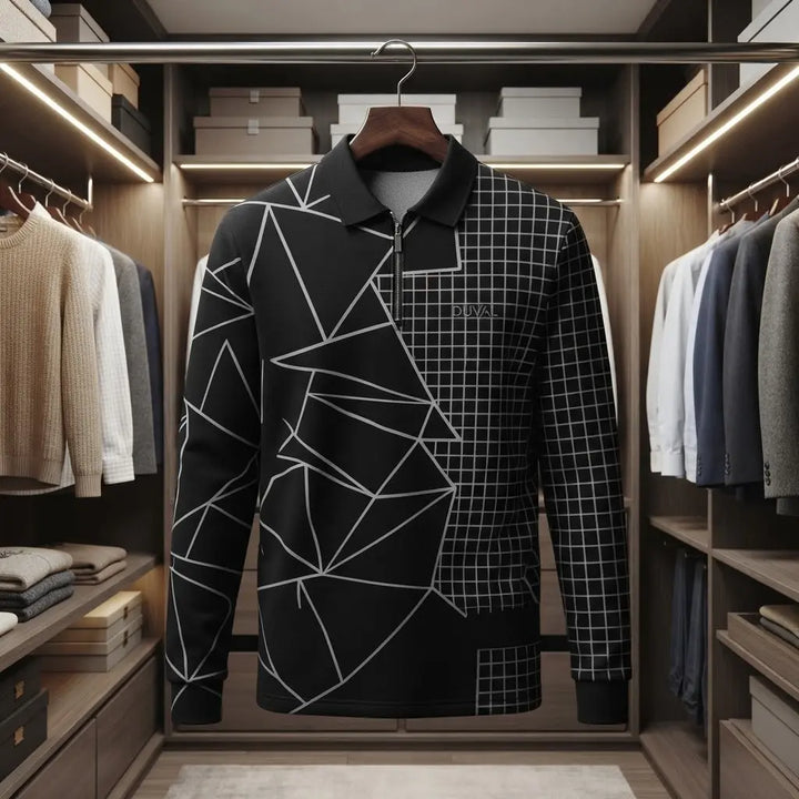 Modern Geometric & Grid Pattern Half-Zip Polo Shirt
