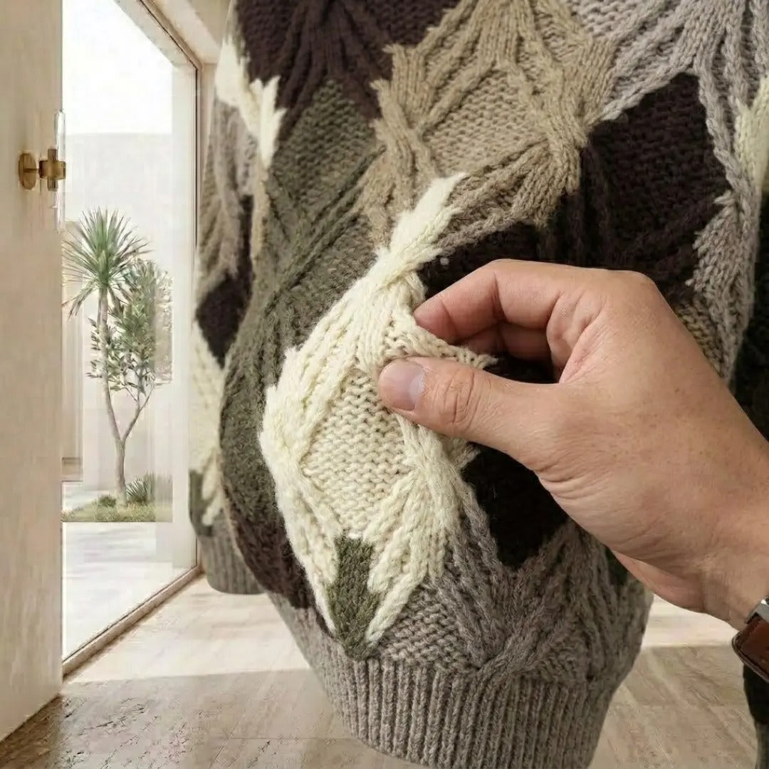 Argyle Cable-Knit Crew Neck Sweater