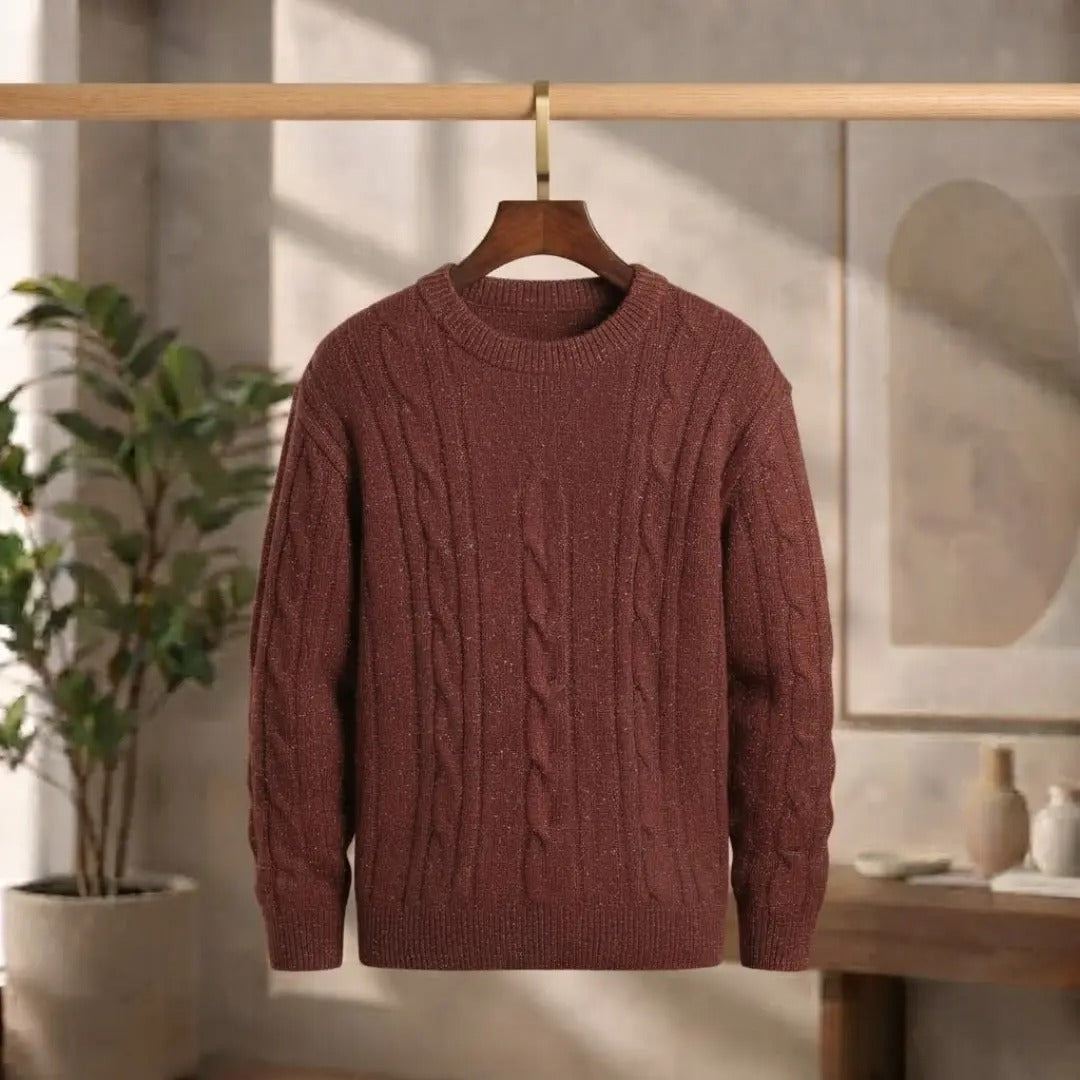 Men's Brown Cable-Knit Crewneck Sweater
