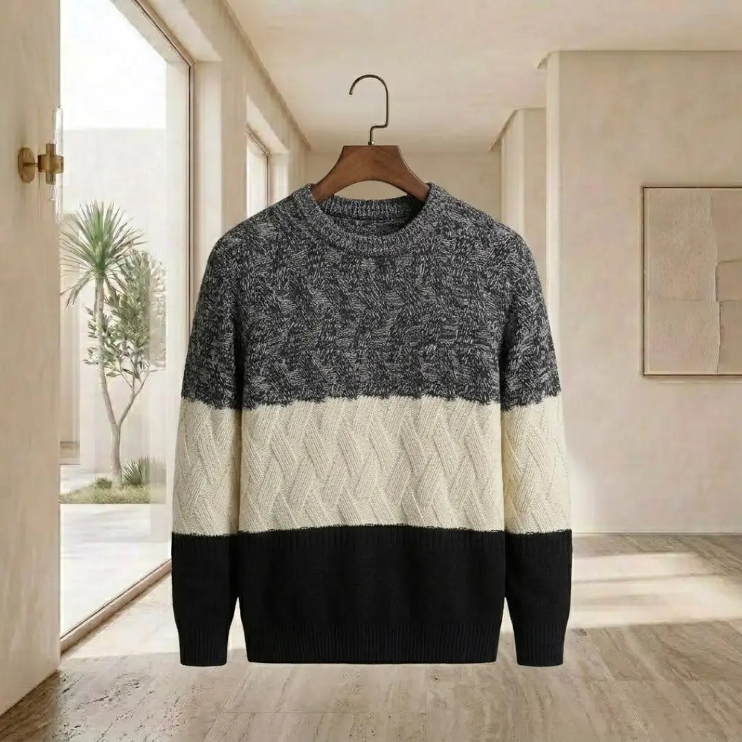 Textured Color-Block Striped Crew Neck Sweater