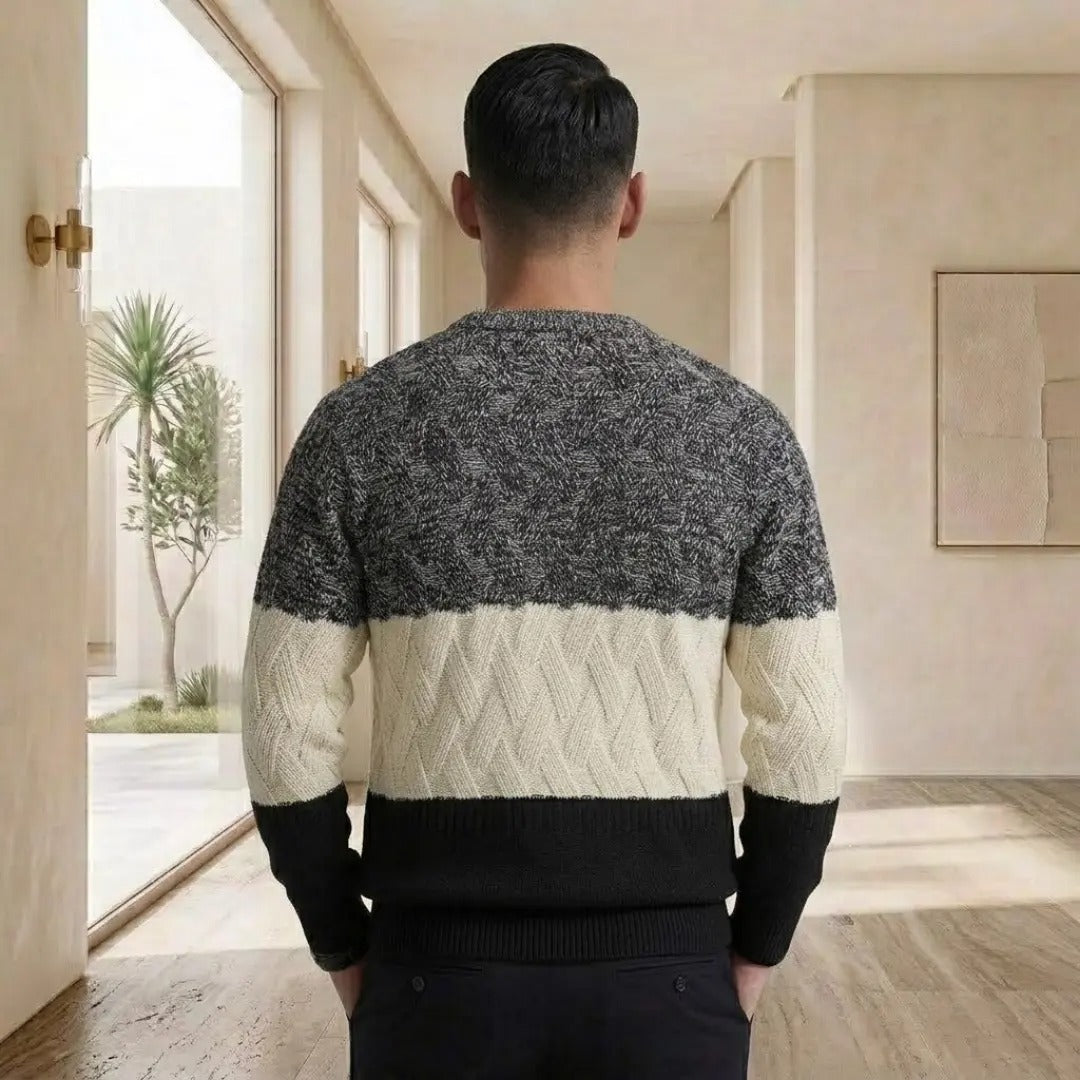Textured Color-Block Striped Crew Neck Sweater