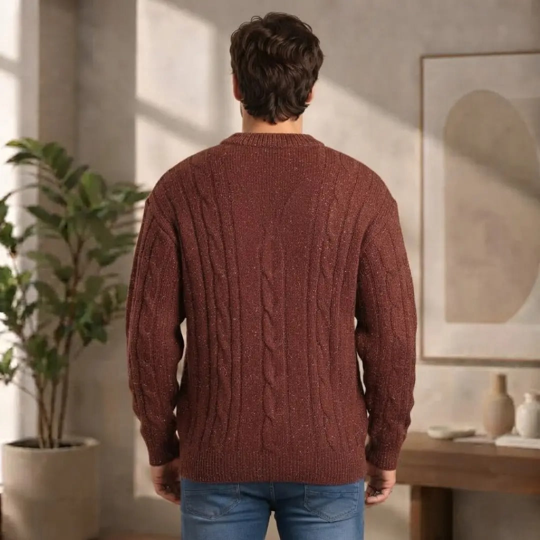 Men's Brown Cable-Knit Crewneck Sweater
