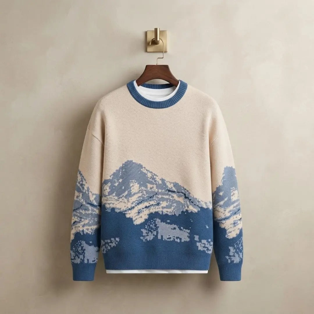 Mountain Landscape Knit Crew Neck Sweater