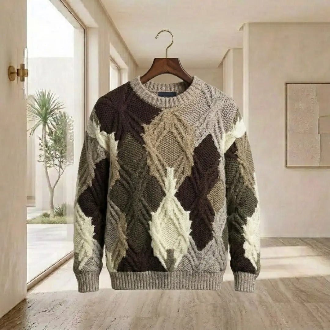 Argyle Cable-Knit Crew Neck Sweater