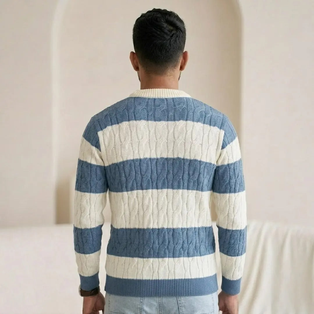 Cable-Knit Striped Crew Neck Sweater