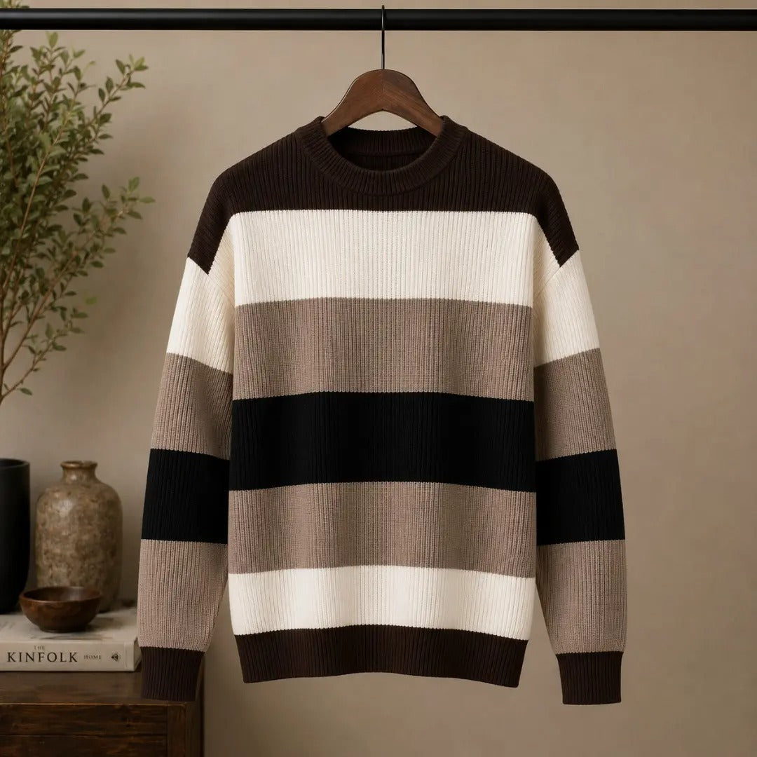 Color-Block Striped Knit Crew Neck Sweater