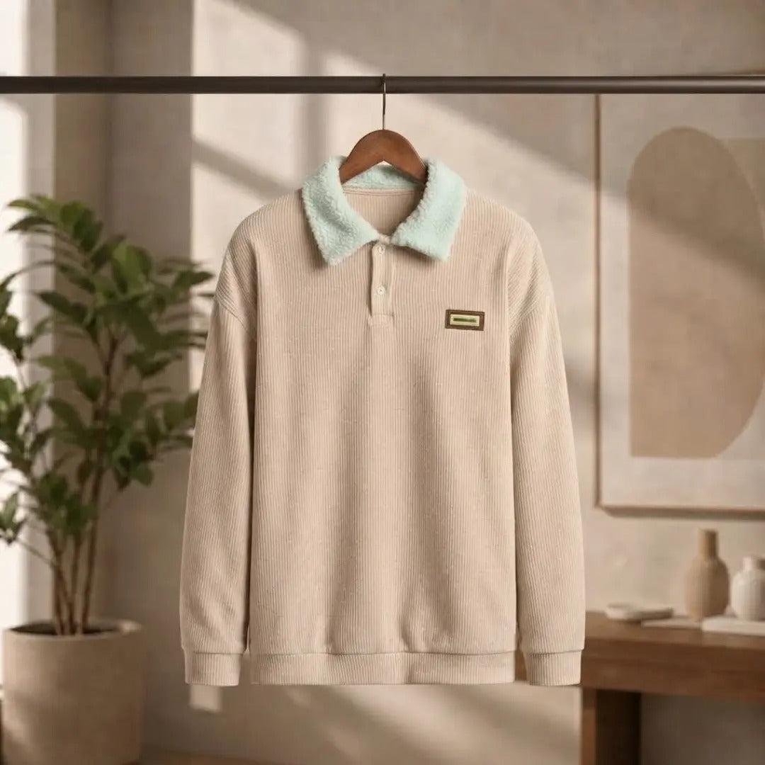 Men's Ribbed Polo Sweater with Contrast Sherpa Collar