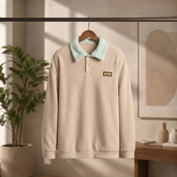 Men's Ribbed Polo Sweater with Contrast Sherpa Collar
